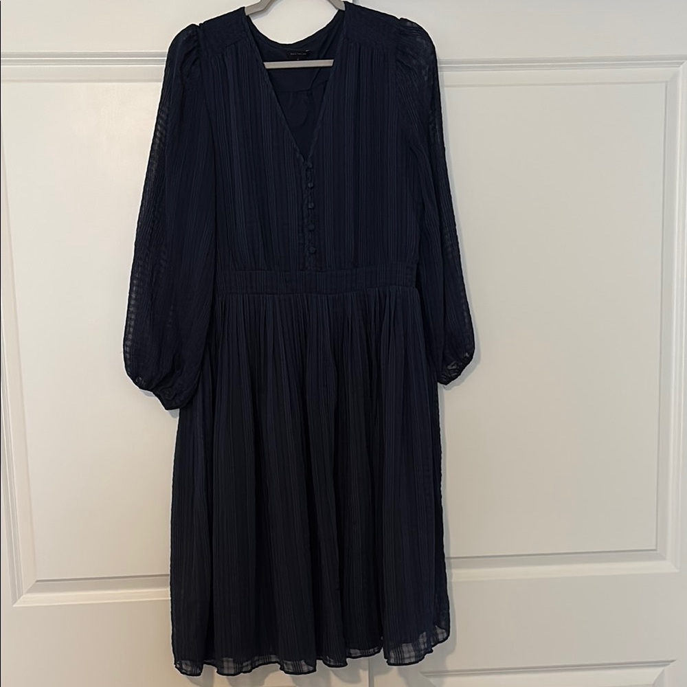 Ann Taylor Blue Pleated Long Sleeve V-Neck Dress